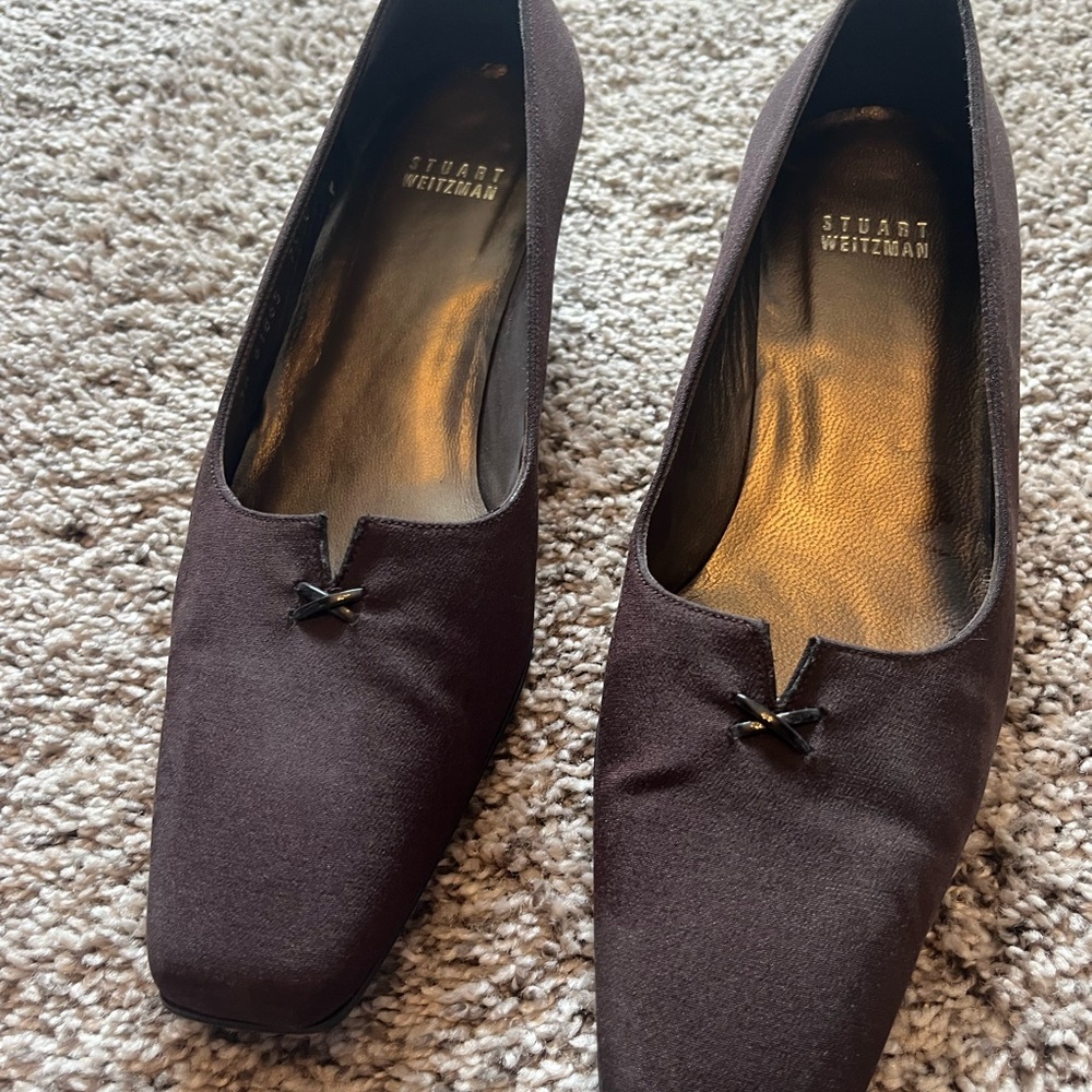 Stuart Weitzman Brown Flats with Square Toe and Bow Detail